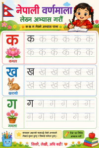 Nepali alphabet ka kha ga tracing practice worksheet